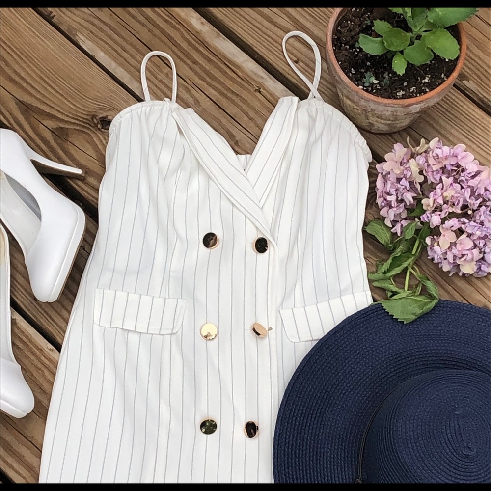 Buttoned and Striped White Party Dress